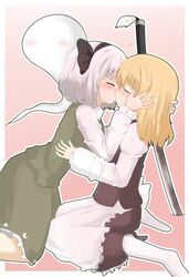  2girls artist_request blonde_hair blush closed_eyes hand_on_another's_face kirisame_marisa kiss konpaku_youmu multiple_girls no_shoes ribbon silver_hair socks sword touhou weapon yuri 