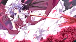  1girl ascot bat_wings brooch dress flower hat hat_ribbon highres jewelry kurono_yuzuko looking_at_viewer petals puffy_sleeves purple_hair red_rose remilia_scarlet ribbon rose sash short_sleeves solo spear_the_gungnir touhou violet_eyes white_dress wings wrist_cuffs 