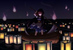  1girl boat chocotti floating frown hitodama japanese_clothes lantern onozuka_komachi paper_lantern red_eyes redhead scythe solo touhou water 