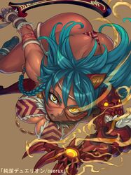  1girl aqua_hair breasts cleavage dark_skin earrings facial_mark gauntlets jewelry large_breasts panties sethxzoe thong underwear yellow_eyes 