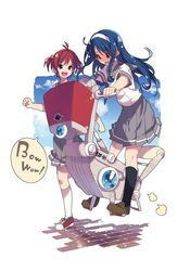  2girls :d antenna_hair black_legwear blush clenched_hands futaba_aoi_(vividred_operation) hairband hamayumiba_sou isshiki_akane kneehighs loafers long_hair multiple_girls open_mouth riding school_uniform scrunchie serafuku shoes short_hair short_twintails skirt smile sneakers twintails vividred_operation white_legwear 