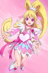  1girl aida_mana bike_shorts blonde_hair boots choker cure_heart curly_hair dokidoki!_precure eyelashes half_updo heart long_hair magical_girl open_mouth pink_background pink_eyes ponytail precure shorts_under_skirt skirt smile solo sugarbeat 
