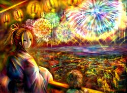  blonde_hair festival fireworks japanese_clothes kimono mother_and_son smile yellow_eyes 