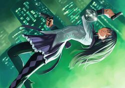  1girl absurdres akemi_homura argyle argyle_legwear black_hair black_legwear dual_wielding green_eyes gun hairband handgun highres long_hair magical_girl mahou_shoujo_madoka_magica pantyhose shield solo tani_(sgt_epper) weapon 