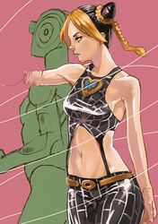  2girls absurdres black_hair blonde_hair braid double_bun highres jojo_no_kimyou_na_bouken kuujou_jolyne lipstick makeup midriff multicolored_hair multiple_girls stand_(jojo) stone_free string tani_(sgt_epper) two-tone_hair 