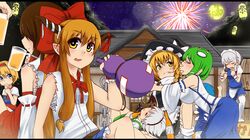  6+girls alice_margatroid anger_vein arm_raised bare_shoulders barrel bat_wings beer blonde_hair blue_eyes blue_hair blush bottle bow box braid breasts brown_hair capelet chain cheering cirno closed_eyes cup detached_sleeves donation_box dress drunk fang fireworks flandre_scarlet frog_hair_ornament gourd green_hair hair_bow hair_ornament hair_tubes hairband hakurei_reimu hakurei_shrine hand_on_another's_face hat hat_bow highres horn_ribbon horns ibuki_suika incipient_kiss izayoi_sakuya kirisame_marisa kochiya_sanae konpaku_youmu lantern large_breasts long_hair lying maid maid_headdress mantarou_(shiawase_no_aoi_tori) microphone moon multiple_girls night night_sky on_back open_mouth orange_hair paper_lantern party remilia_scarlet ribbon sarashi short_hair silver_hair skirt sky star_(sky) starry_sky touhou twin_braids wings witch_hat yellow_eyes 