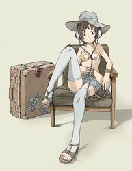  bikini_top bracelet brown_eyes brown_hair chair female hat headphones jewelry nail_polish original popman3580 sandals shoes short_hair shorts sitting smartphone suitcase thigh-highs zettai_ryouiki 
