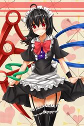  1girl alternate_costume apron black_hair black_legwear breasts enmaided garter_straps highres houjuu_nue long_hair maid maid_headdress red_eyes smile solo thigh-highs tokoya touhou 