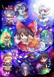  6+girls aki_minoriko ascot asymmetrical_wings aura black_dress black_hair black_legwear blonde_hair blue_eyes bow brown_eyes brown_hair capelet chibi closed_eyes dress flower food fruit gohei grapes green_eyes hair_bobbles hair_bow hair_ornament hair_ribbon hair_tubes hakurei_reimu hat hat_ribbon heterochromia himekaidou_hatate hinanawi_tenshi houjuu_nue jar juliet_sleeves karakasa_obake kawashiro_nitori letty_whiterock letty_whiterock_(cosplay) lily_white long_hair long_sleeves mizuhashi_parsee multiple_girls musical_note nagae_iku open_mouth peach plate pointy_ears pote_(ptkan) puffy_sleeves purple_hair red_eyes red_shoes ribbon shawl shirt shoes short_hair silver_hair sitting skirt skirt_set sleeping snake spoken_musical_note sword_of_hisou tatara_kogasa thigh-highs tokin_hat touhou twintails ufo umbrella uneven_eyes very_long_hair wings z zettai_ryouiki 