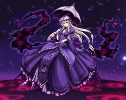  1girl blonde_hair bow breasts cleavage dress embellished_costume fan folding_fan gap hat jewelry long_hair nail_polish necklace parasol ribbon sitting skyspace smile solo touhou umbrella violet_eyes yakumo_yukari yin_yang 