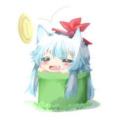  1girl animal_ears blue_hair blush closed_eyes dog_ears dog_tail hat kamishirasawa_keine long_hair lowres rebecca_(keinelove) tail touhou 