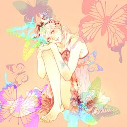  1girl barefoot butterfly double_bun dress jojo_no_kimyou_na_bouken kuujou_jolyne multicolored_hair popopome111 solo tattoo two-tone_hair 