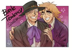  2boys ^_^ blonde_hair bow car closed_eyes dual_persona formal grey_hair grin hat jojo_no_kimyou_na_bouken long_hair motor_vehicle multiple_boys old_man robert_eo_speedwagon rr13star scar smile suit vehicle 