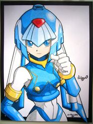  1girl android blue_eyes estudiocromix gloves helmet highres leviathan_(rockman) marker_(medium) rockman rockman_zero scan solo traditional_media 