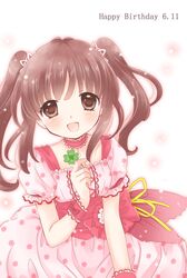  1girl blush brown_eyes brown_hair choker dated dress happy_birthday highres idolmaster idolmaster_cinderella_girls morinoamane ogata_chieri open_mouth smile solo twintails 