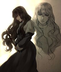  1girl blood brown_hair dagger dress fate/zero fate_(series) genderswap habit jjuya kotomine_kirei long_hair solo wavy_hair weapon 