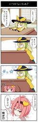  2girls 4koma beni_shake bow closed_eyes comic green_hair hairband hat hat_bow heart hiding komeiji_koishi komeiji_satori kotatsu multiple_girls pink_eyes pink_hair siblings sisters sitting smirk table tatami touhou translation_request 