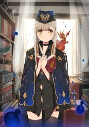 1girl black_legwear blush book bookshelf brown_hair choker dress_shirt hat highres jacket looking_at_viewer open_book original shirt solo ssberit thighhighs yellow_eyes