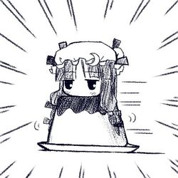  1girl crescent deformed hat lowres mizuno_kurage monochrome patchouli_knowledge pudding solo touhou 