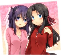  2girls blue_eyes blush bow breasts brown_hair fate/stay_night fate_(series) hair_bow hair_ribbon long_hair long_sleeves marimo_danshaku matou_sakura multiple_girls purple_hair ribbon siblings sisters smile toosaka_rin two_side_up violet_eyes 