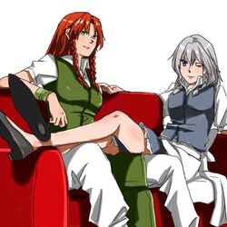  2girls crossed_legs hong_meiling izayoi_sakuya multiple_girls no_hat no_headwear sitting touhou 