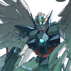  beam_rifle blue_eyes dated feathers glowing glowing_eyes gun gundam gundam_wing gundam_wing_endless_waltz highres junkpuyo mecha no_humans solo weapon wing_gundam_zero_custom wings 