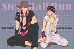  2boys aryata barefoot beanie beard facial_hair hat highres johnny_joestar jojo_no_kimyou_na_bouken long_hair multiple_boys partially_colored pink_eyes sitting steel_ball_run 