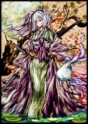  1girl akasia green_eyes hair_over_one_eye hairband hitodama japanese_clothes katana konpaku_youmu konpaku_youmu_(ghost) ribbon short_hair silver_hair solo sword touhou tree weapon 