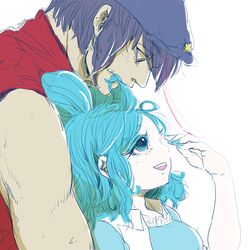  1boy 1girl blue_eyes blue_hair genderswap hat kaku_seiga leaning_on_person looking_at_another miyako_yoshika size_difference smile star string touhou zasasaba 