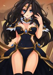  1girl armor black_hair blue_eyes earrings forehead_protector gem highres jewelry kaka_cheung league_of_legends long_hair open_mouth sivir solo tiara 