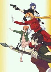  4girls barusa cellphone crossover cyborg_009 francoise_arnoul ghost_in_the_shell gloves gun hair_up handgun headband higashi_no_eden kusanagi_motoko morimi_saki multiple_girls nakamura_satoru phone pointing polearm scarf seirei_no_moribito spear weapon 