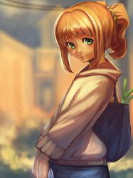  1girl bag bukimi_isan green_eyes hoodie idolmaster looking_at_viewer orange_hair scrunchie short_hair skirt smile solo spring_onion takatsuki_yayoi twintails 