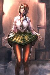  1girl blue_eyes bow_(bhp) braid breasts brown_hair cleavage head_tilt highres legs lips original pantyhose shirt single_braid skirt solo 