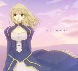  1girl ahoge blonde_hair dearest373 dress fate/stay_night fate_(series) green_eyes hair_down juliet_sleeves long_hair long_sleeves puffy_sleeves saber solo 