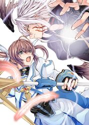  2girls blue_eyes brown_hair facial_mark feathers fingerless_gloves gloves hair_ribbon lightning long_hair long_sleeves lyrical_nanoha magical_girl mahou_shoujo_lyrical_nanoha mahou_shoujo_lyrical_nanoha_a's mahou_shoujo_lyrical_nanoha_the_movie_2nd_a's multiple_girls open_mouth puffy_sleeves raid_slash raising_heart red_eyes reinforce ribbon short_twintails silver_hair takamachi_nanoha teeth twintails white_background wings 