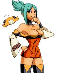  1girl aqua_hair argyle argyle_legwear bare_shoulders boots bracer breasts cerebella_(skullgirls) cleavage dark_skin detached_collar detached_sleeves eyeshadow facial_tattoo green_lipstick large_breasts lipstick living_clothes makeup minidress nail_polish no_hat no_headwear osiriperopero skullgirls smile solo tattoo thigh-highs thigh_boots vice-versa_(skullgirls) 