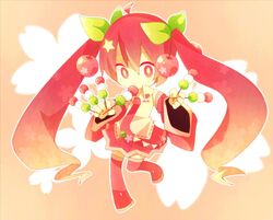  1girl aka_tonbo_(lililil) cherry chibi dango detached_sleeves food fruit hatsune_miku long_hair necktie red_eyes redhead sakura_miku skirt solo thigh-highs twintails very_long_hair vocaloid wagashi 