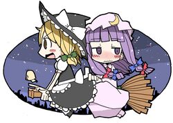  2girls adomi blonde_hair blush broom brown_eyes dress hat kirisame_marisa long_hair multiple_girls night night_sky open_mouth patchouli_knowledge purple_hair ribbon sitting sky smile touhou violet_eyes witch_hat 