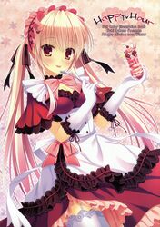  1girl absurdres blonde_hair breasts cleavage dress garter_belt gloves hairband highres lolita_hairband maid parfait red_eyes tagme takano_yuki_(allegro_mistic) thigh-highs white_gloves white_legwear 