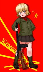  1girl blonde_hair blush fang girls_und_panzer green_eyes gun katyusha loafers military military_uniform ppsh-41 satsuki_neko shoes smile solo submachine_gun tagme uniform weapon 