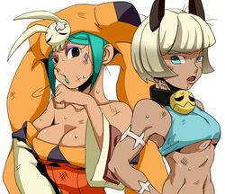  animal_ears aqua_hair bandaid bare_shoulders blue_eyes bob_cut breasts bruise cat_ears cerebella_(skullgirls) cleavage commentary_request dark_skin detached_sleeves eyeshadow facial_tattoo green_lipstick hat injury large_breasts lipstick living_clothes makeup midriff minidress nadia_fortune osiriperopero scar short_hair skullgirls sweat tattoo under_boob vice-versa_(skullgirls) white_hair 