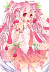  1girl ahoge bow cherry detached_sleeves food fruit hair_bow hatsune_miku highres leeannpippisum long_hair mouth_hold necktie pink_eyes pink_hair sakura_miku skirt solo thigh-highs twintails very_long_hair vocaloid 