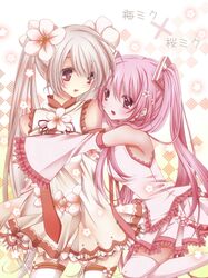  2girls aqua_eyes aqua_hair belt error hatsune_miku highres koyoi_(ruka) long_hair megurine_luka multiple_girls navel necktie open_mouth pink_hair sakura_miku skirt thigh-highs twintails very_long_hair violet_eyes vocaloid white_background 