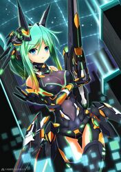  1girl animal_ears armor beam_rifle black_legwear bodysuit breasts cleavage fatkewell fox_ears green_eyes green_hair gun mecha robot_ears tagme thigh-highs thigh_gap weapon 