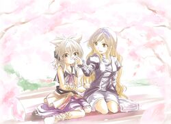  2girls anklet bow bracelet brown_hair cherry_blossoms dress earmuffs grey_eyes hijiri_byakuren jewelry knees long_hair multicolored_hair multiple_girls noise-111 seiza sitting skirt socks touhou toyosatomimi_no_miko wariza yellow_eyes yokozuwari 