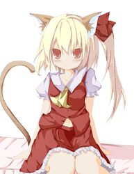  1girl animal_ears ascot blonde_hair blush cat_ears cat_tail flandre_scarlet hair_ribbon highres long_hair no_hat no_headwear red_eyes ribbon side_ponytail simple_background sitting skirt skirt_set smile solo tail touhou white_background wings 