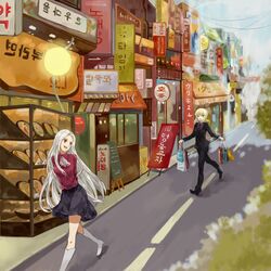  2girls absurdres blonde_hair fate/zero fate_(series) formal guaizi highres irisviel_von_einzbern korean multiple_girls pant_suit ponytail saber shopping suit white_hair 