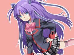  1girl blue_eyes higurashi_sakura little_busters! long_hair purple_hair sasasegawa_sasami school_uniform thigh-highs twintails 