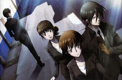  2boys 2girls black_hair brown_hair formal ginoza_nobuchika highres kougami_shin'ya long_hair multiple_boys multiple_girls necktie official_art psycho-pass serious short_hair suit tsunemori_akane 