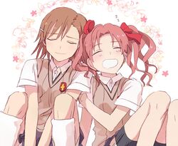  2girls brown_eyes brown_hair closed_eyes long_hair meguri_(lunge) misaka_mikoto multiple_girls school_uniform shirai_kuroko short_hair to_aru_kagaku_no_railgun to_aru_majutsu_no_index twintails 